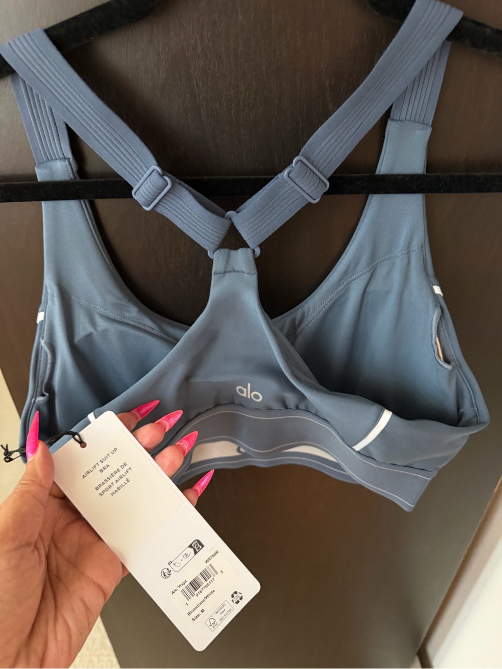 ALO Yoga Airlift Suit Up Sports Bra Bluestone with White Trim - Picture 4 of 5